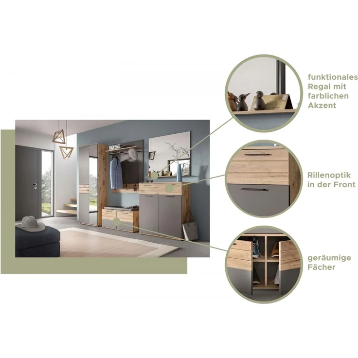 Garderobe Set 3-tlg. Tomaso in Eiche und grau 175 cm – Bild 3