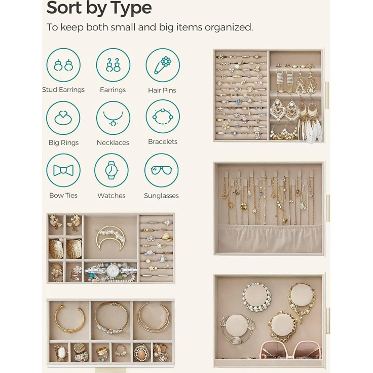 Songmics Schmuckkästchen, Schmuckkasten 5 Ebenen, Schmuckbox, Glasfenster, seitliche Schubladen, großer Spiegel, Schmuckaufbewahrung, 15,5 x 26,1 x 32 cm, wolkenweiß-metallisches Gold JBC162W01 – Bild 4