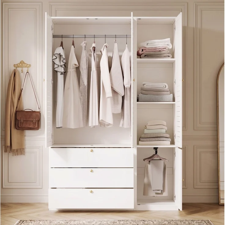 CHICFURN Kleiderschrank 135x200x50 cm mit 3 Lamellentüren und 3 Schubladen – Weiß – Bild 2
