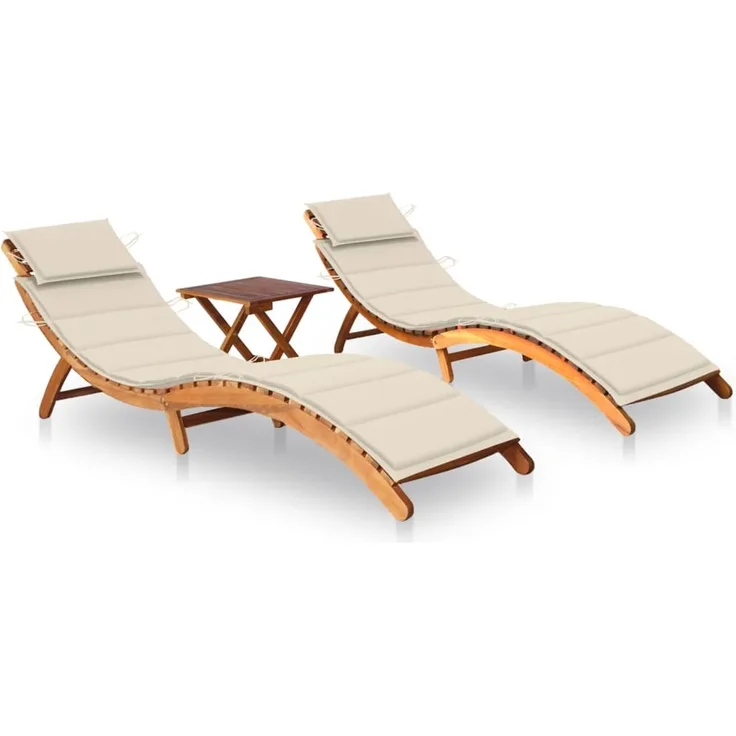 vidaXL Sonnenliegen 2 Stk. mit Tisch und Auflagen Massivholz Akazie 3077378