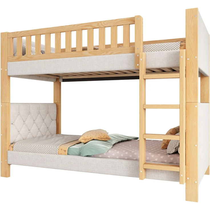 Merax Etagenbett, 90x200cm Kinderbett, Weiche Antikollisions-Schwammkante, Vierstufige gerade Treppe, Stabile Lattenroste, Grau+Natur – Bild 10