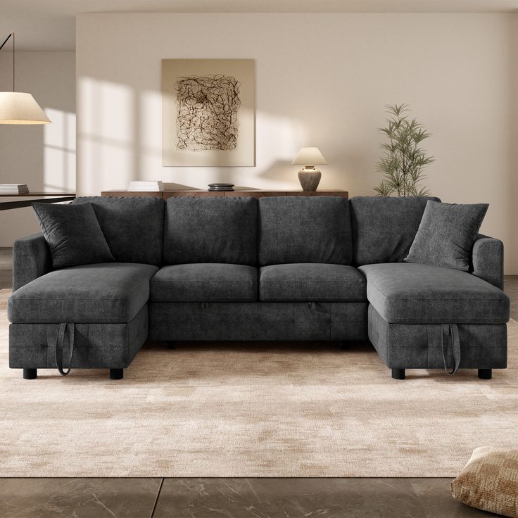 ZUBALIYA Schlafsofa 61x107 cm, mit USB - Anschluss, mit Stauraum, mit Ausziehbett, mit Chenille - Bezug, mit breiten Armlehnen, Grau – Bild 4