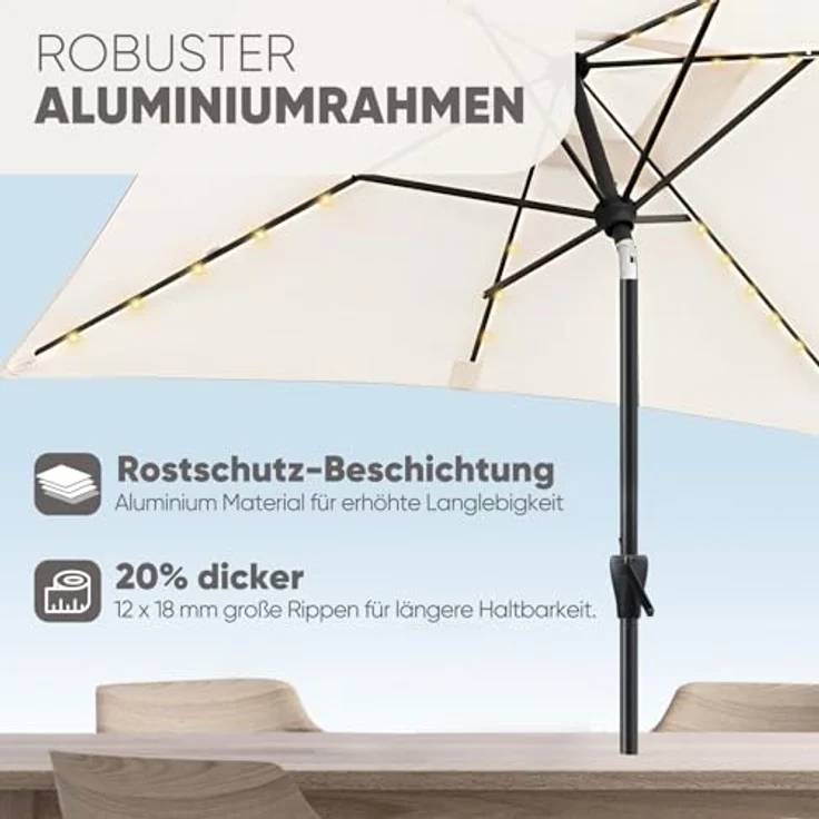 Sekey Sonnenschirm mit LED-Beleuchtung, Kurbel & UV50+, knickbar, Aluminium creme, 200 × 300 cm – Bild 3