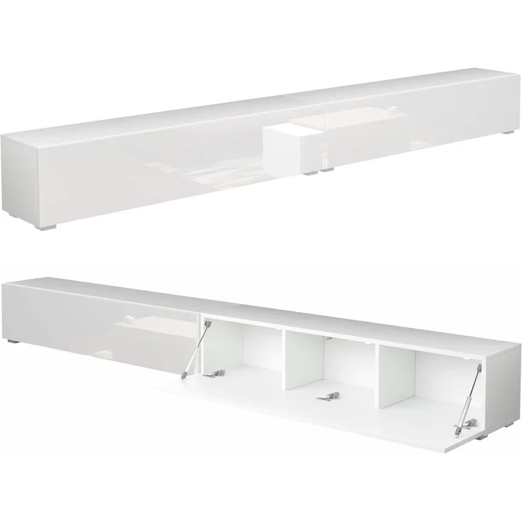 PLATAN ROOM Fernsehschrank TV-Lowboard 105/140 / 160/210 / 280 In Weiß Hängend Oder Stehend Hochglanz Matt (280 x 30 x 32, Weiß Matt/Weiß Hochglanz)