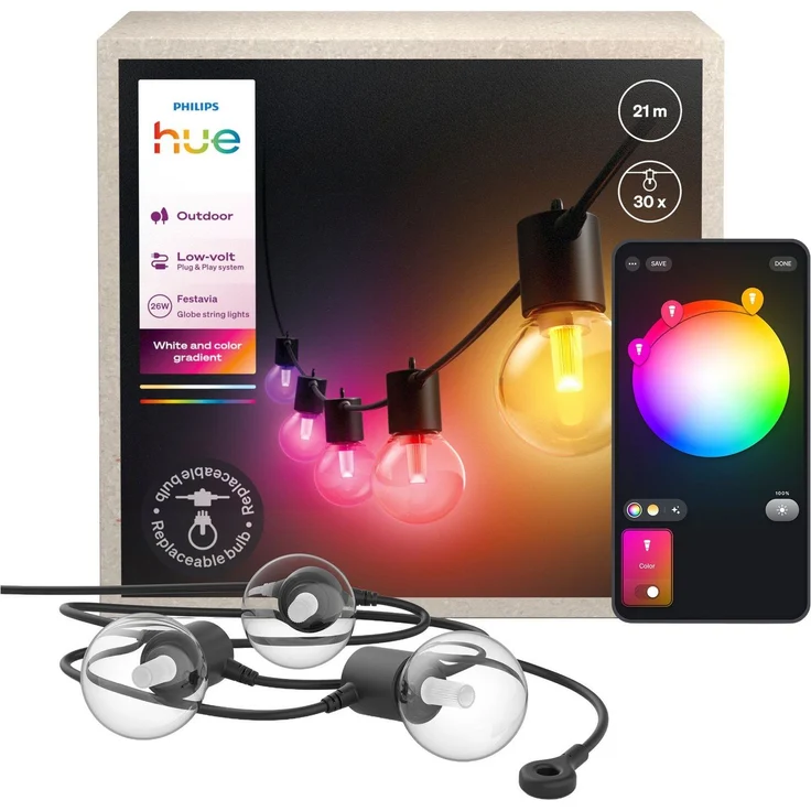 Philips Hue Festavia Globe Außenlichterkette, White and Color Ambiance, 21 M, 30 Lampenkugeln, dimmbar, Steuerung per Hue App, funktioniert mit Alexa, Google Assistant und Apple Home – Bild 5