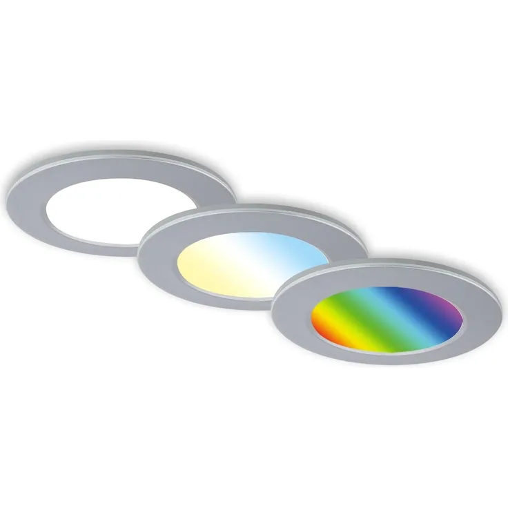 BRILONER - 3er Set Bad Einbaustrahler LED mit Fernbedienung, einstellbar von warmweiß bis kaltweiß, buntes RGB+W Licht, LED Spot, Deckenspots, Spots, Einbauleuchten, 92x45 mm, Chrom-Matt
