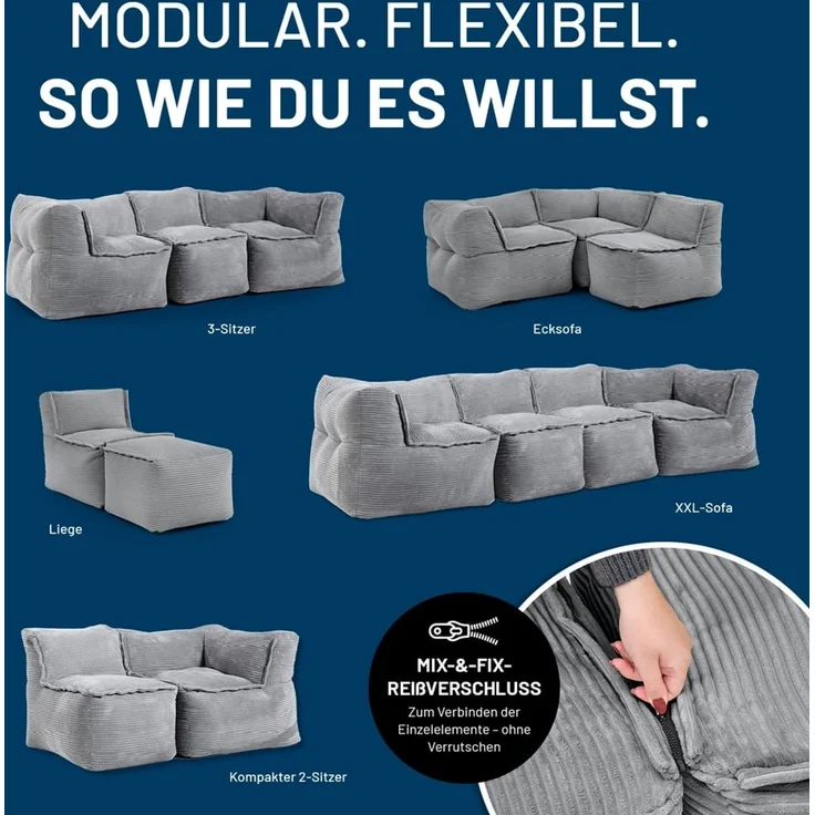 Lumaland Sitzsack-Sofa, Polyester, Mittelteil, Cord - Grau, 70 x 81 x 54 cm – Bild 4