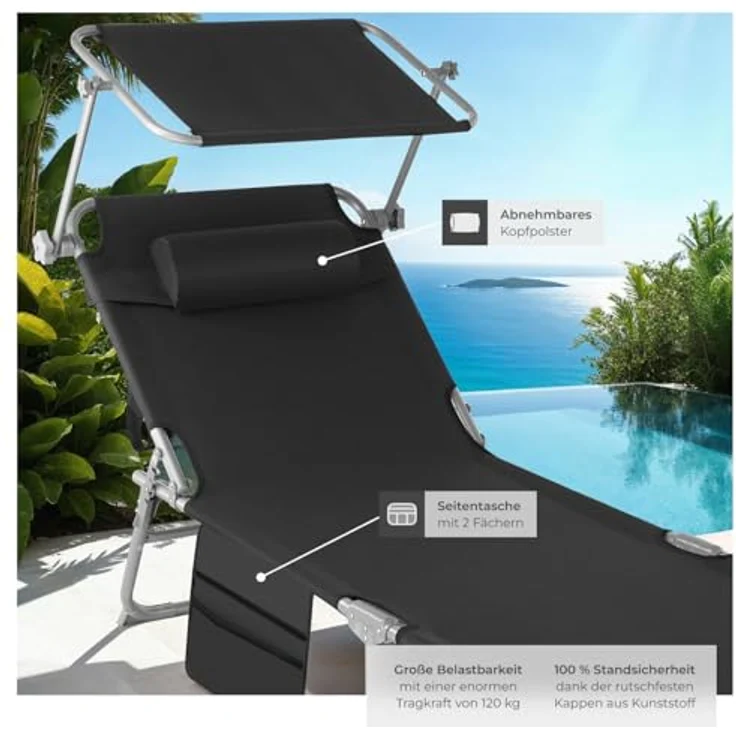 tectake® 2er Set Sonnenliege klappbar und tragbar, Liege mit Seitentasche, Strandliege, Gartenliege mit Dach, Liegestuhl mit Verstellbarer Rückenlehne, Kopfkissen - für Balkon, Terrasse (schwarz) – Bild 6