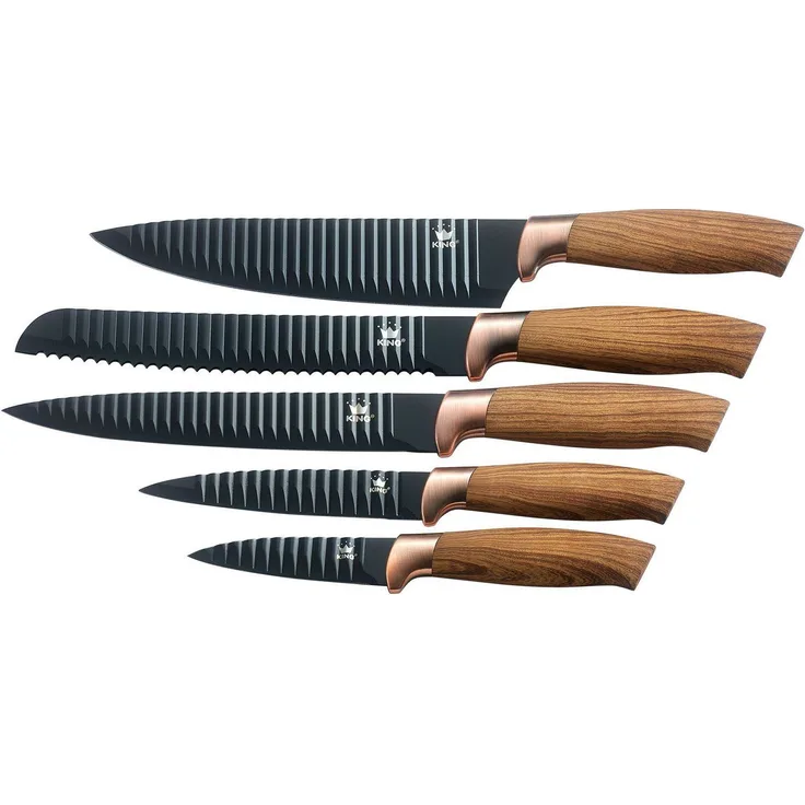 KING Messer-Set Essential (Set, 5-tlg, 5x Messer 20cm, 20cm, 12.5cm 20cm, 8.5cm), Wellenschliff, Griffe in Holzoptik, im Geschenk-Etui