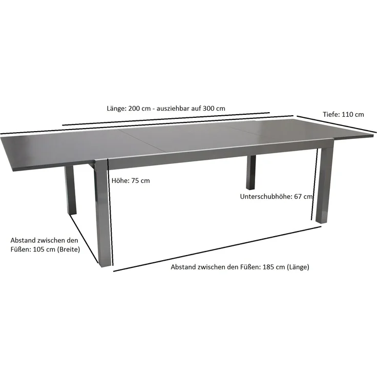 DEGAMO MARINA Garten-Ausziehtisch, Alu + Glas, silbergrau/grau, 200/300x110cm – Bild 3