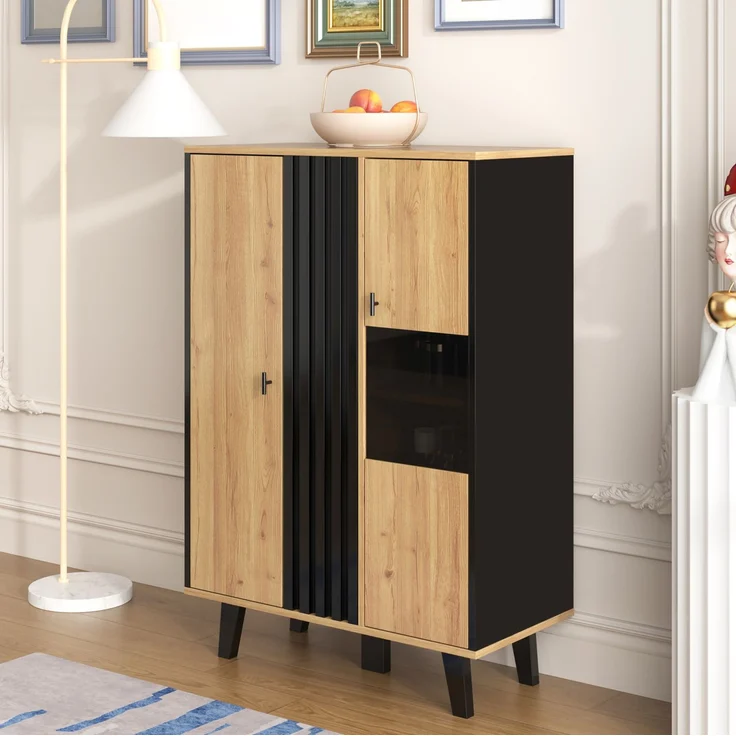 DESVIAE Vitrine mit Glastüren und LED-Beleuchtung, 80x120x40 cm, Spanplatte, Schwarz und Holzoptik – Bild 3