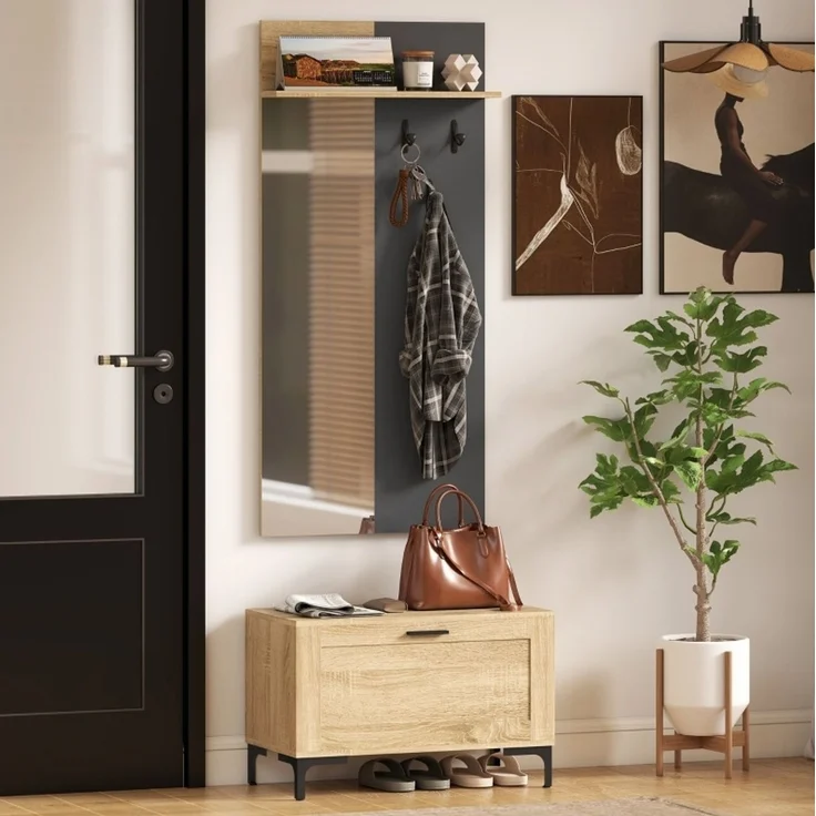 DESVIAE Garderobenschrank-Set mit Spiegel und Schuhbank, 60x127,5x13,5 cm, MDF, Naturholz/Grau – Bild 3