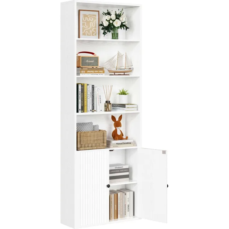 IRONCK Bücherregal mit Türen, Regal 6 Ebenen,180cm Hoches Bücherschrank, Standregal Holz, offenes Aufbewahrungsregal für Arbeitszimmer, Büro, Wohnzimmer, Schlafzimmer (Weiß)