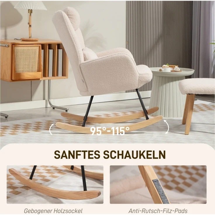 Schaukelstuhl mit Fußhocker, weicher Fleece-Bezug, Holzbeine, Kissen, hohe Rückenlehne, Schaukelsessel, Beige--Beige--101.5x70.5x99.5cm--YOUDENOVA – Bild 3
