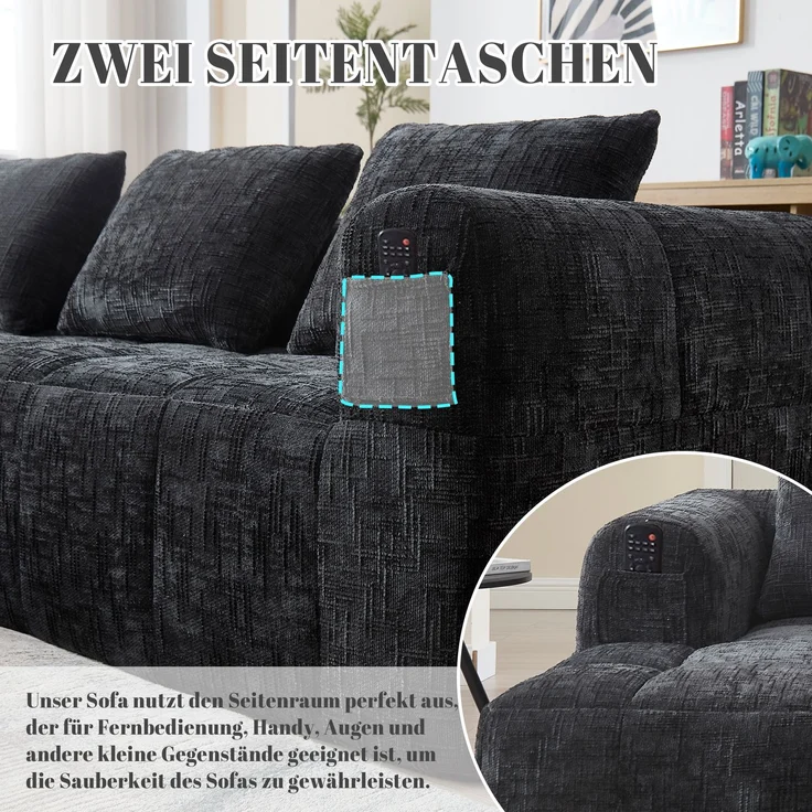 EINHOM Modernes Sektionssofa, L-Sofa, 3-Sitzer-Sofa, keine Installation erforderlich, Chenille-Sofa mit Chaiselongue und Armlehnen, 3 Kissen, Seitentasche für Fernbedienung, Schwarz – Bild 4
