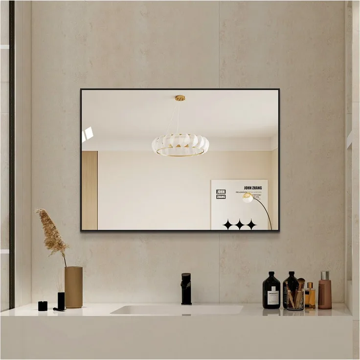 Odikalo Badspiegel, 50x70cm Wandspiegel mit schwarzem Aluminiumrahmen, kupferfreies HD-Glas, horizontal & vertikal montierbar, mit Sicherheitsfolie für Splitterschutz