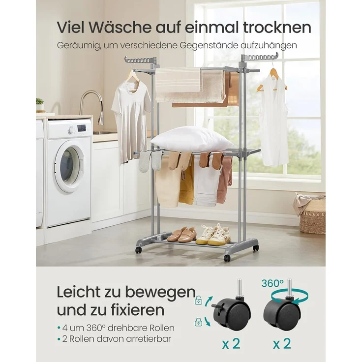 SONGMICS Wäscheständer, Standtrockner 4 Ebenen, Flügelwäscheständer, klappbare Flügel, mit Rollen, 63,5 x 128 x 148 cm, groß, einfacher Aufbau, für Innen- und Außenbereich, taubengrau – Bild 3