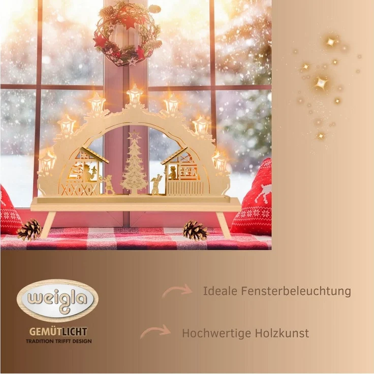 Weigla Schwibbogen Weihnachtsmarkt, Lichterbogen aus Holz, NATUR, Made in Germany (1-tlg), Erzgebirge garantiert, Weihnachtsdeko Innen, Weihnachtsbeleuchtung – Bild 3