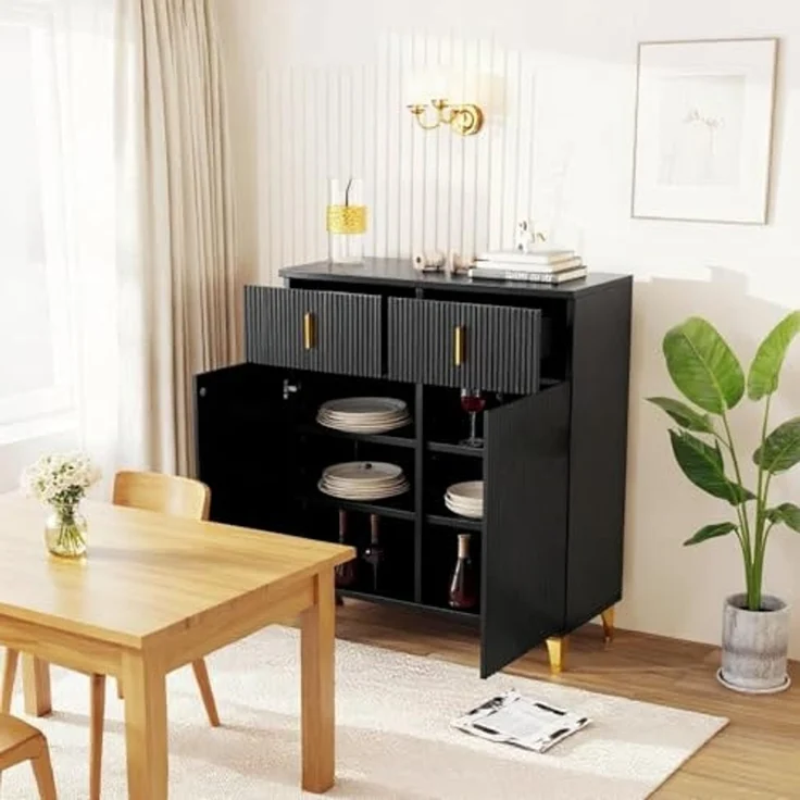 FurnitureR Black Buffet Cabinet, Modern Design, Particle Board Construction, Spacious Storage, Elegant Addition to Dining Room & Kitchen, Durable Materials, Compact Dimensions – Bild 3