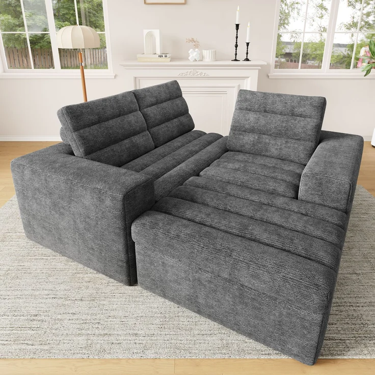 Ecksofa 253 x 161 x 89 cm in Hellgrau, modulares Chenille-Sofa mit Hocker, rahmenloser Schaumstoffpolsterung – Bild 3