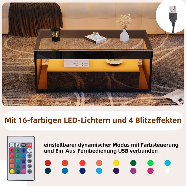 LED Couchtisch Schwarz 100×50×40 cm, Hochglanz Wohnzimmertisch mit Glasplatte, 2 Schubladen, Beleuchtung 16 Farben – Bild 6