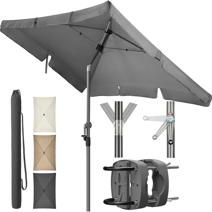 4smile SunnyShade 200x125 cm, Sonnenschirm Balkon mit Halterung im 3-er-Set, Balkonschirm mit UV 50+, Sonnenschirmhalter für Balkongeländer, Sonnenschutz Balkon, Sonnenschirm rechteckig, Anthrazit
