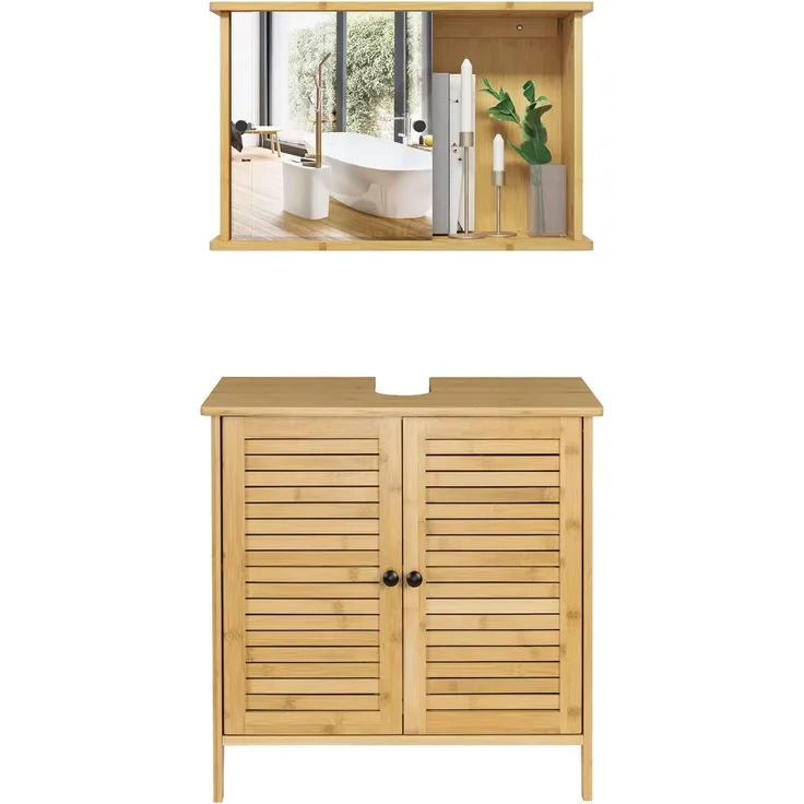 EUGAD Badezimmer Badmöbel Set Waschbeckenunterschrank Unterschrank Badezimmerschrank mit Spiegelschrank Hängeschrank für Bad Bambus Model 6