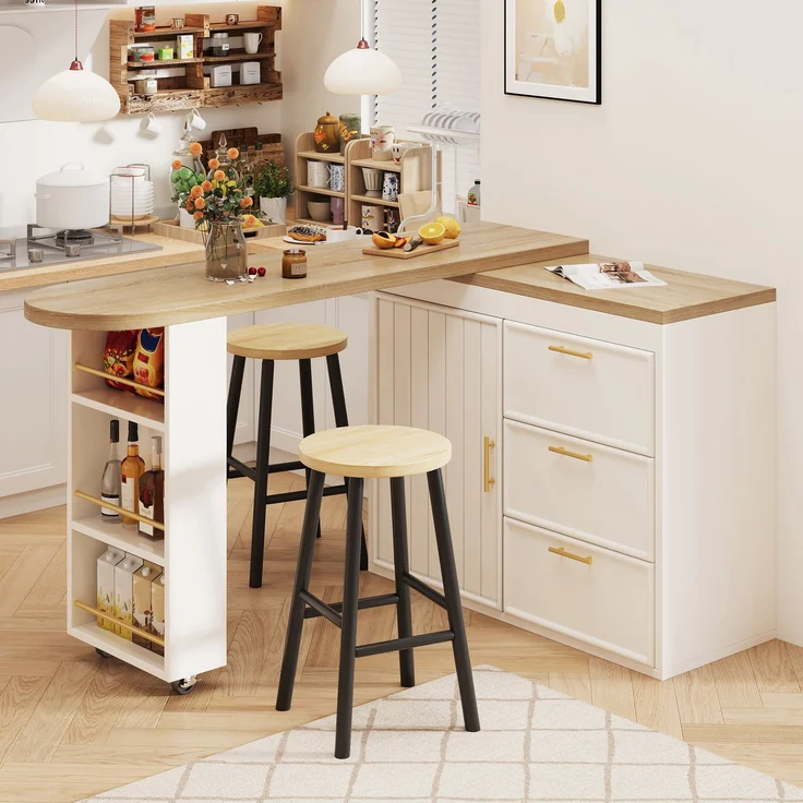 Bartisch Tisch mit 360° Drehfunktion, Verstellbare Regale & Kippschutz, 3 Schubladen & Seitenablage, Vielseitiger Stehtisch für Esszimmer, Wohnzimmer & Homeoffice--Weiß--97x54.51x16cm--YOUDENOVA – Bild 4
