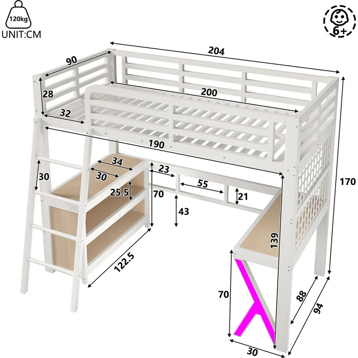 Merax Hochbett, 90 x 200 cm, Kinderbett, Einzelbett mit Tisch, LED - Lichtleiste, Aufbewahrungsschrank, Ohne Matratze, Weiß – Bild 4