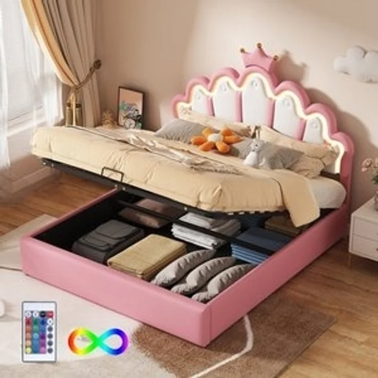 Flieks Polsterbett, LED Kinderbett Doppelbett mit krone-Form Prinzessinnenbett 140x200cm – Bild 2