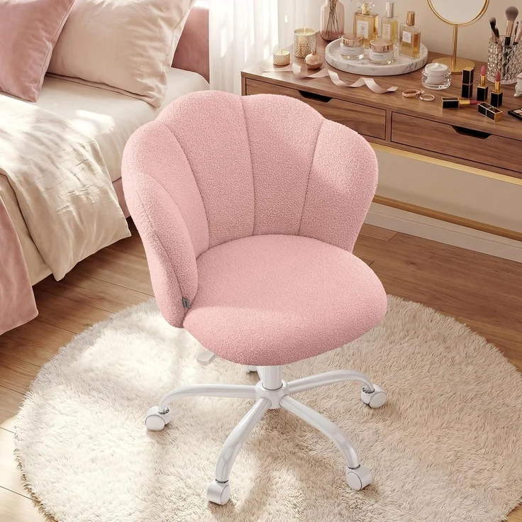 SONGMICS Drehbarer Schminktischstuhl, höhenverstellbarer Polsterstuhl mit Blütenblatt-Rückenlehne, Fleece, bis 110 kg, rosa – Bild 1