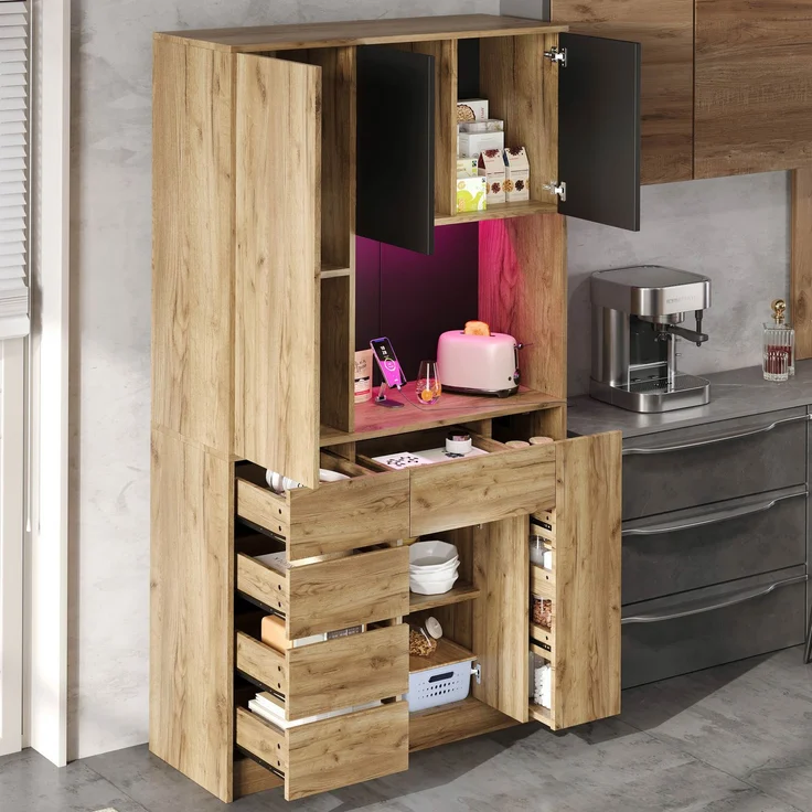 ZUBALIYA Küchenschrank 105x40x185 cm, mit LED-Beleuchtung, mit Steckdosen, mit verstellbaren Einlegeböden, aus MDF, Schwarz / Natur – Bild 20