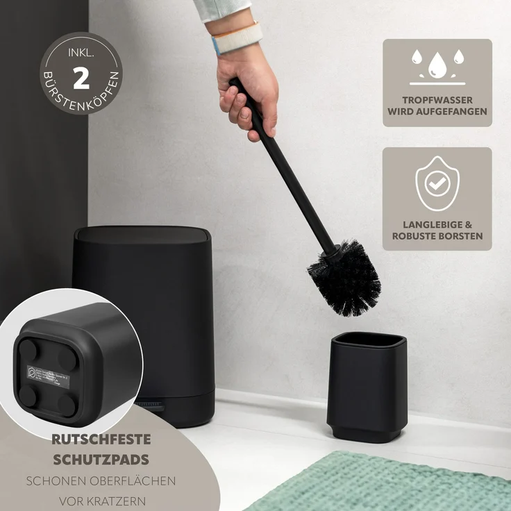 eluno Bad-Set VALONA 5tlg. mit Seifenspender, Becher, Schale, Kosmetikeimer 4,5 Liter und WC-Garnitur aus Kunststoff in Schwarz – Bild 6