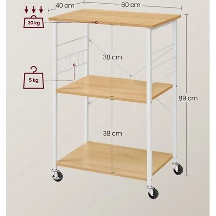 Songmics 'Vasagle' Küchenregal auf Rollen mit 3 Regalböden und 6 Haken, Holzspannplatte braun / weiß, 40 x 60 x 82,5 cm (T x B x H) – Bild 3