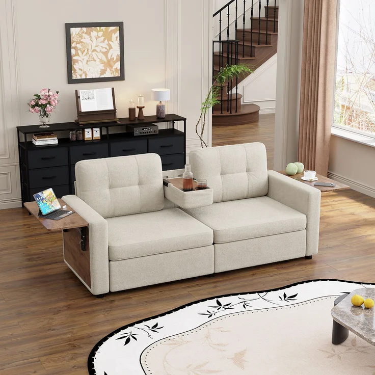 ZUBALIYA Schlafsofa 71x57.5 cm, mit Schreibtisch, mit Schubladen, mit Stauraum, mit Ablageflächen, mit Ausziehbett, Beige – Bild 9
