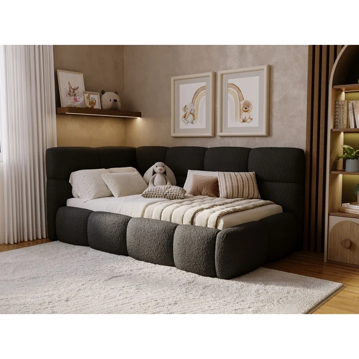 GRAINGOLD Modo One Jugendbett 90x200, Einzelbett mit Bettkasten, mit Lattenrost, Bouclé-Stoff, Rechts, Schwarz – Bild 1