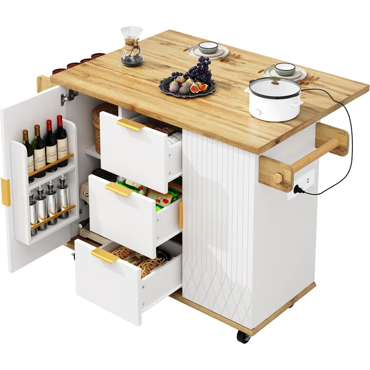 Küchenwagen 134 x 46/74 x 88 cm aus MDF und Metall mit ausklappbarer Arbeitsplatte und Steckdosen – Bild 7