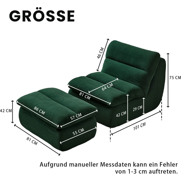 Loungesofa mit Fußhocker 101x81x75 cm, Grün, Cordstoff, abnehmbare Polster – Bild 10
