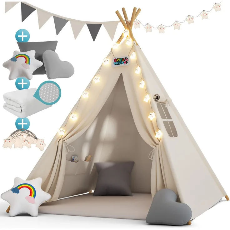 Spielwerk Kindertipi mit Lichterkette, Bodenmatte & Kissen, Baumwolle weiß, 120 x 120 x 160 cm