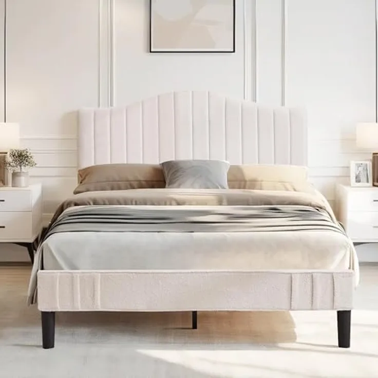 Polsterbett 140x200 cm Doppelbett, Bettgestell aus Teddy-Stoff mit höhenverstellbarem Kopfteil und Lattenrost aus Massivholz, 20 cm Stauraum unter dem Bett, modern, geräuscharm, beige
