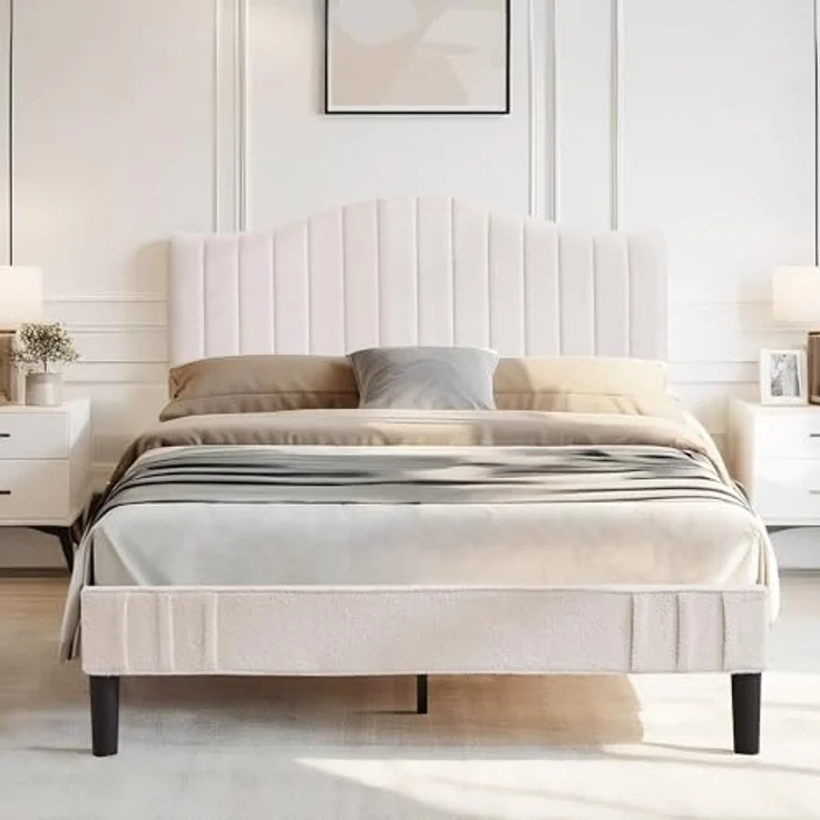 Polsterbett 140x200 cm Doppelbett, Bettgestell aus Teddy-Stoff mit höhenverstellbarem Kopfteil und Lattenrost aus Massivholz, 20 cm Stauraum unter dem Bett, modern, geräuscharm, beige – Bild 1