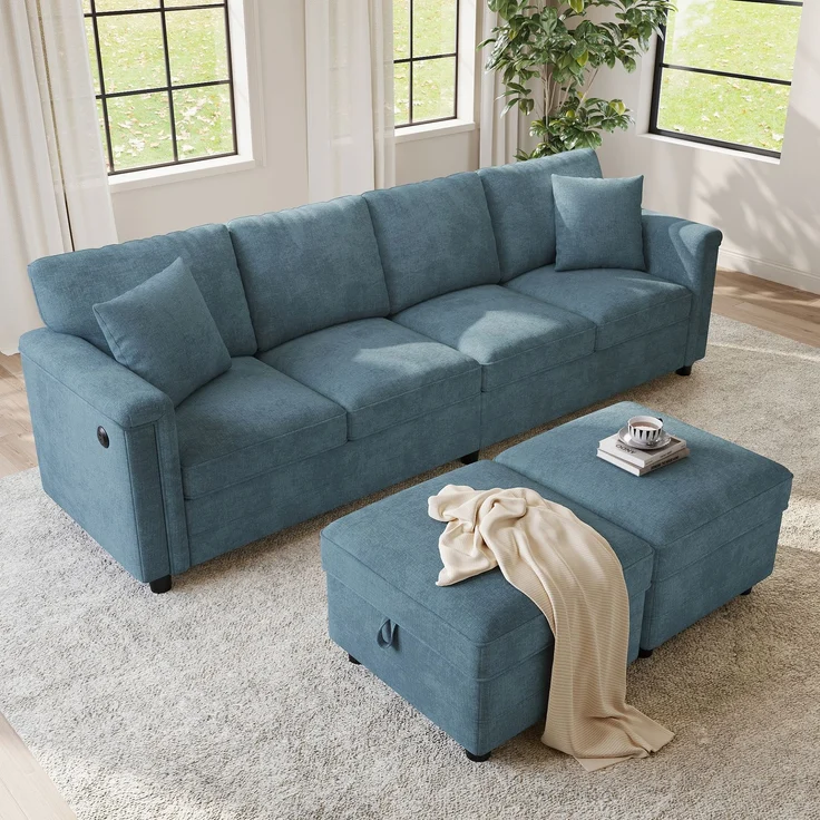 Flieks 4-Sitzer Modulsofa mit 2 Stauraumhockern, USB & USB-C, L- oder U-Form Polstersofa, 261 x 134 x 82 cm, Chenille, Blaugrau – Bild 4