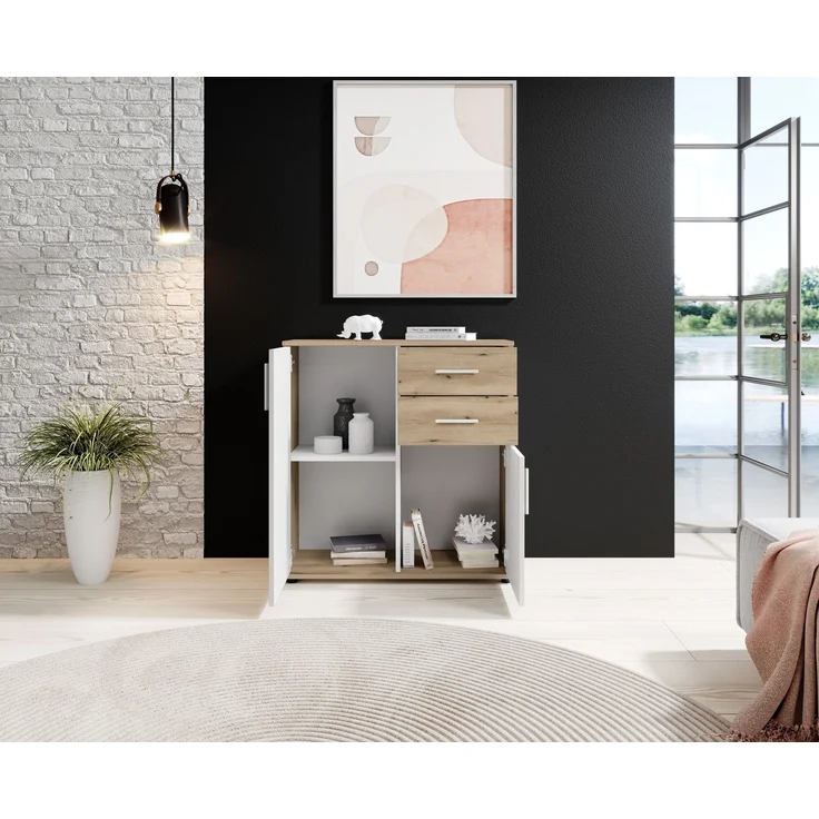 Kommode >BC 1040< 2 Türen, 2 Schubladen, eiche rustica Dekor / weiß - 80x84x35cm (BxHxT) – Bild 5
