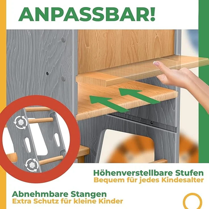 KIDIZ® Lernturm für Kinder ab 1 Jahr inkl. Lernuhr, 3-stufig Höhenverstellbarer Tritthocker aus Kiefernholz, spielerisch motorische Fähigkeiten fördern, Montessori Learning Tower, bis 50 kg belastbar, Grau / Hellbraun, 90 x 40 x 44 cm – Bild 4