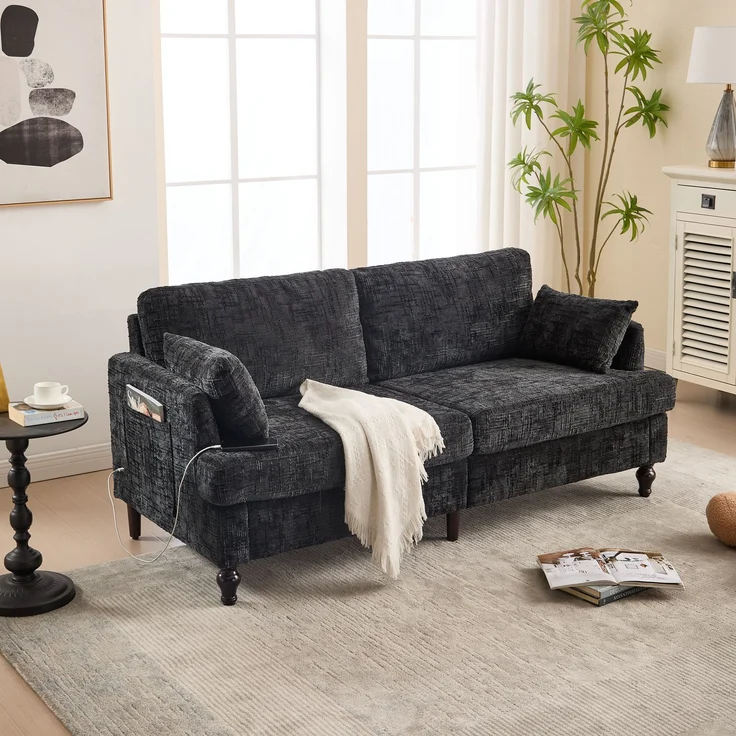 2-sitziges Chenille-Sofa mit USB-Ladeanschluss, LED-Licht und Aufbewahrungstasche in Schwarz – Bild 4