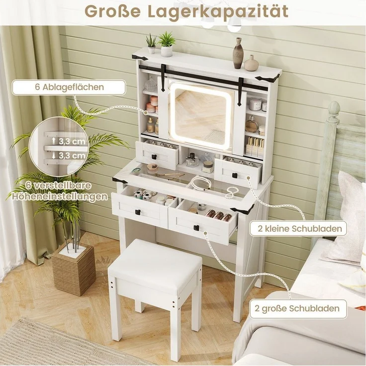 COSTWAY Schminktisch (1-St), mit LED-Beleuchtung, 4 Schubladen, Hocker – Bild 3