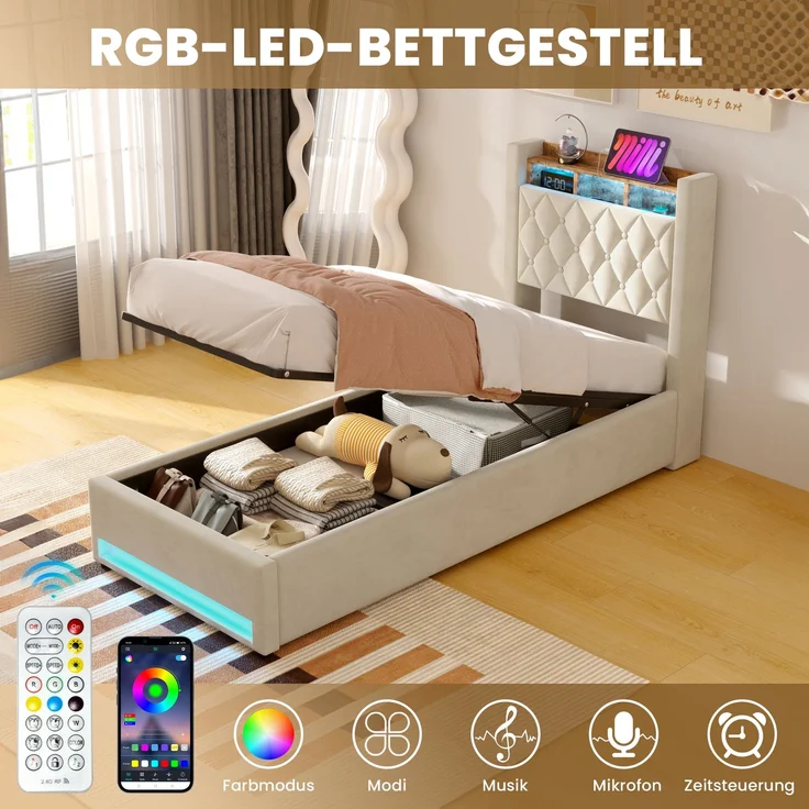 Polsterbett 90x190 cm, Beige Samt, hochelastische Polsterung, Lattenrost (ohne Matratze) – Bild 7