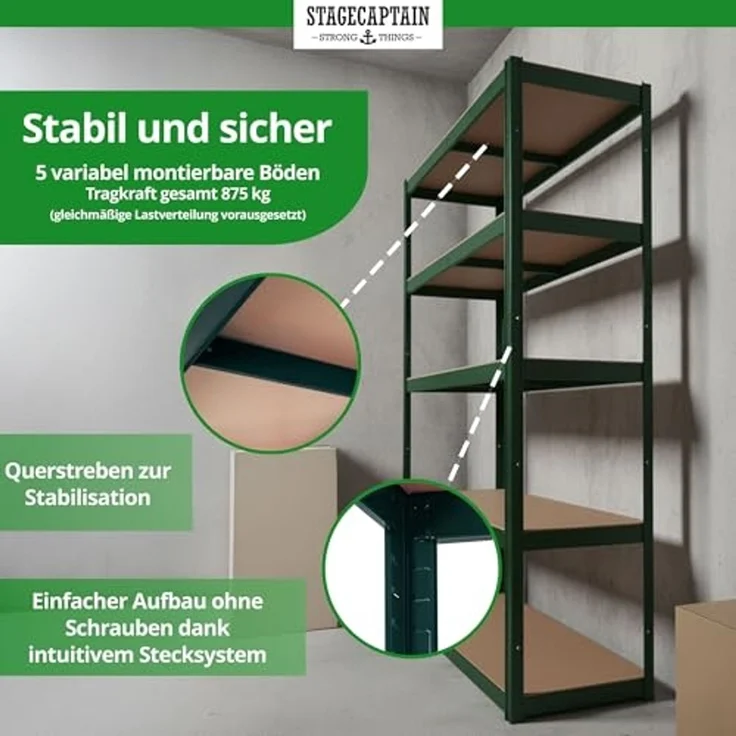 Stagecaptain Schwerlastregal Lagerregal - 5 variabel montierbare Böden - auch als Werkbank umbaubar, Tragkraft pro Boden: 175 kg, gesamt 875 kg – Bild 3