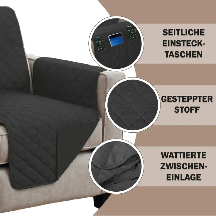 Sesselschoner ( Schwarz ) gesteppt - 190x165cm - Sesselauflage mit Armlehnen und Taschen - Sesselüberwurf ÖKO-Tex Schoner für Sessel - Überwurf – Bild 4