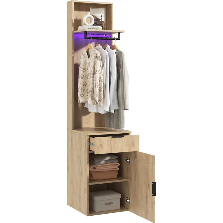 Garderobenschrank aus MDF mit LED-Kleiderstange & Schmuckschublade, 45x47x200 cm, Eiche – Bild 8